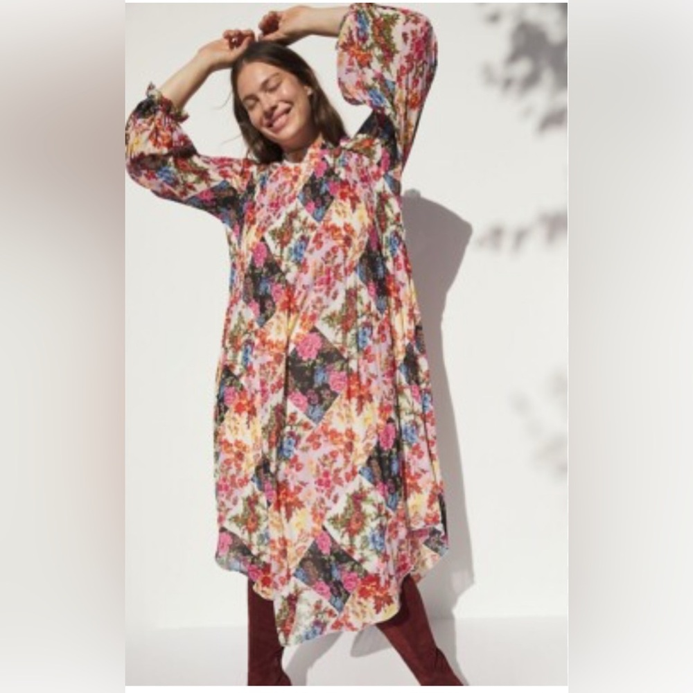 Anthropologie Pink and Red Long Sleeve Dress with Bishop Sleeves